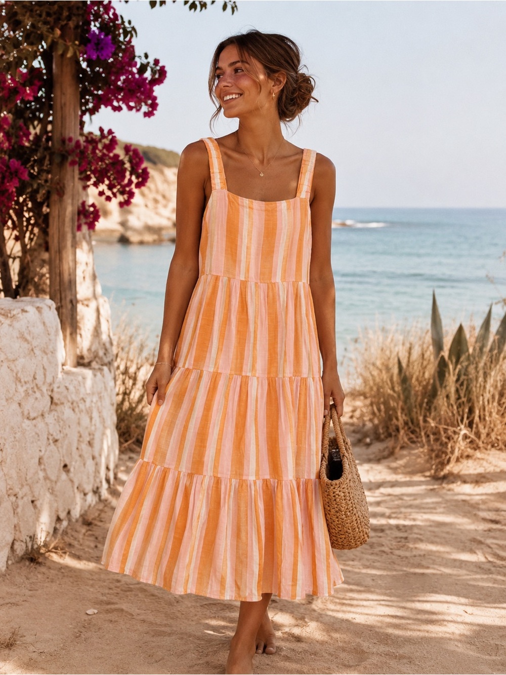 Striped Orange Midi Sundress with Tiered Skirt